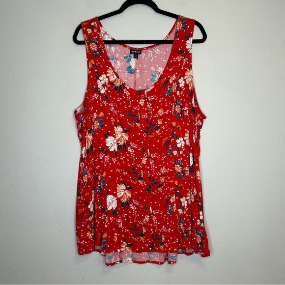 torrid Tops - Torrid Challis Button Front Fit and Flare‎ Tank Adjustable Straps Red Floral 3X
